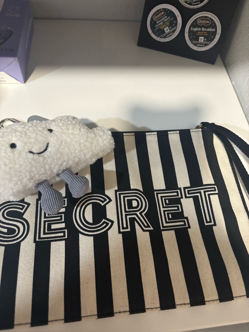 Victoria's Secret Black and Cream Striped  Pouch with Cloud Charm